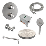 BRAUER Stripe thermostatische inbouw regendouche 3-weg rond SET 41 met 25 cm douchekop en gebogen muurarm en 3-standen handdouche en doucheslang en wandaansluitbocht RVS-kleurig geborsteld PVD 5-NG-445