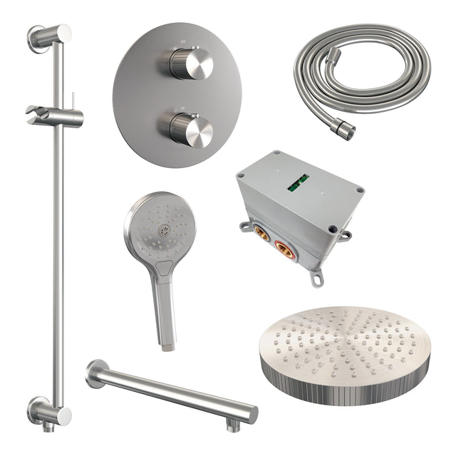 BRAUER Stripe thermostatische inbouw regendouche 3-weg rond SET 46 met 25 cm douchekop en rechte muurarm en 3-standen handdouche en doucheslang en geïntegreerde glijstang RVS-kleurig geborsteld PVD 5-NG-455