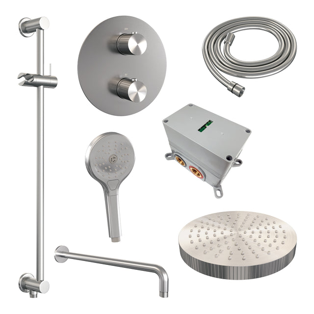 BRAUER Stripe thermostatische inbouw regendouche 3-weg rond SET 47 met 25 cm douchekop en gebogen muurarm en 3-standen handdouche en doucheslang en geïntegreerde glijstang RVS-kleurig geborsteld PVD 5-NG-457