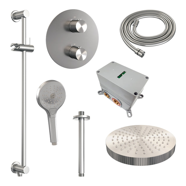 BRAUER Stripe thermostatische inbouw regendouche 3-weg rond SET 48 met 25 cm douchekop en plafondarm en 3-standen handdouche en doucheslang en geïntegreerde glijstang RVS-kleurig geborsteld PVD 5-NG-459