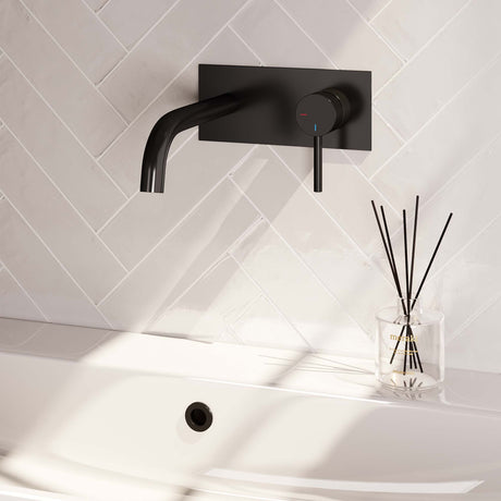 BRAUER Black Edition inbouw wastafelmengkraan met gebogen uitloop en afdekplaat model A1 mat zwart