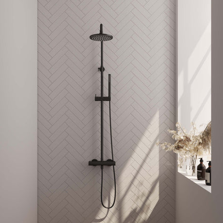 BRAUER Black Edition opbouw thermostatische regendouche SET 01 met 20 cm douchekop en staaf handdouche en doucheslang mat zwart