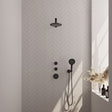 BRAUER Black Edition thermostatische inbouw regendouche SET 07 met 20 cm douchekop en rechte muurarm en 3-standen handdouche en doucheslang en wandaansluitbocht mat zwart
