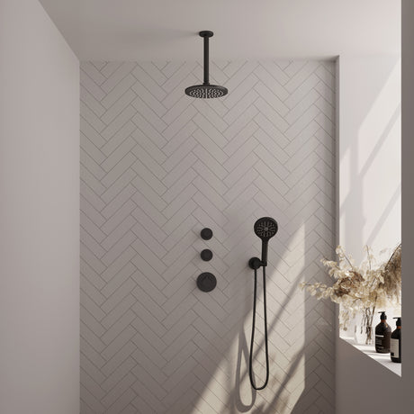 BRAUER Black Edition thermostatische inbouw regendouche SET 11 met 20 cm douchekop en plafondarm en 3-standen handdouche en doucheslang en wandaansluitbocht mat zwart