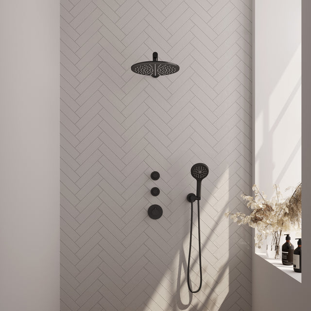 BRAUER Black Edition thermostatische inbouw regendouche SET 08 met 30 cm douchekop en rechte muurarm en 3-standen handdouche en doucheslang en wandaansluitbocht mat zwart