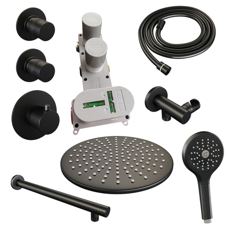BRAUER Black Edition thermostatische inbouw regendouche SET 08 met 30 cm douchekop en rechte muurarm en 3-standen handdouche en doucheslang en wandaansluitbocht mat zwart