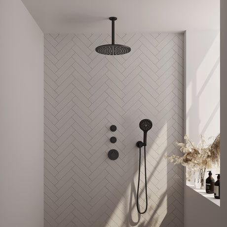 BRAUER Black Edition thermostatische inbouw regendouche SET 12 met 30 cm douchekop en plafondarm en 3-standen handdouche en doucheslang en wandaansluitbocht mat zwart