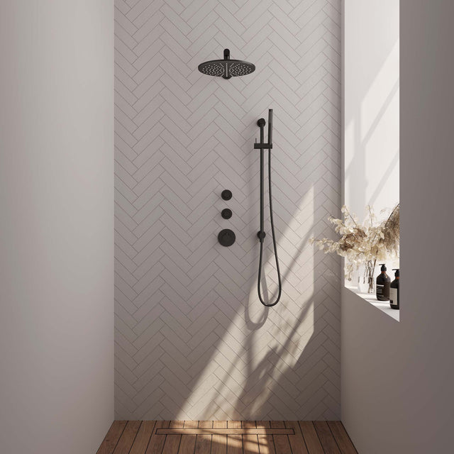 BRAUER Black Edition thermostatische inbouw regendouche SET 14 met 30 cm douchekop en rechte muurarm en staaf handdouche en doucheslang en geïntegreerde glijstang mat zwart