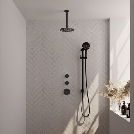 BRAUER Black Edition thermostatische inbouw regendouche SET 23 met 20 cm douchekop en plafondarm en 3-standen handdouche en doucheslang en geïntegreerde glijstang mat zwart