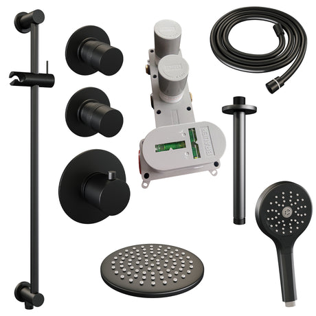 BRAUER Black Edition thermostatische inbouw regendouche SET 23 met 20 cm douchekop en plafondarm en 3-standen handdouche en doucheslang en geïntegreerde glijstang mat zwart