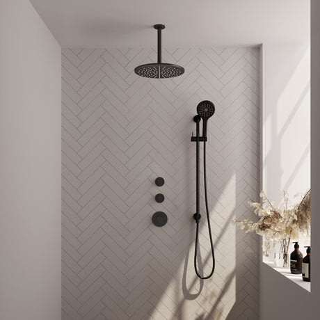 BRAUER Black Edition thermostatische inbouw regendouche SET 24 met 30 cm douchekop en plafondarm en 3-standen handdouche en doucheslang en geïntegreerde glijstang mat zwart