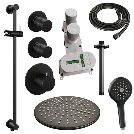 BRAUER Black Edition thermostatische inbouw regendouche SET 24 met 30 cm douchekop en plafondarm en 3-standen handdouche en doucheslang en geïntegreerde glijstang mat zwart