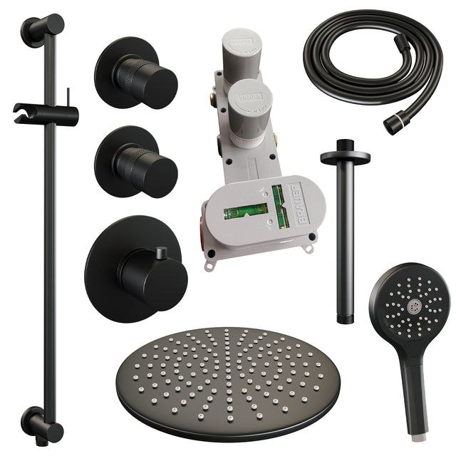 BRAUER Black Edition thermostatische inbouw regendouche SET 24 met 30 cm douchekop en plafondarm en 3-standen handdouche en doucheslang en geïntegreerde glijstang mat zwart