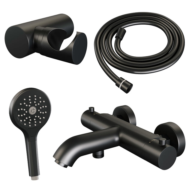 BRAUER Black Edition opbouw baddouche thermostaatkraan SET 04 met wandhouder en 3-standen handdouche en doucheslang mat zwart