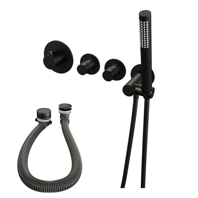 BRAUER Black Edition thermostatische inbouw badkraan SET 01 met badvulcombinatie en staaf handdouche en doucheslang en wandaansluitbocht mat zwart