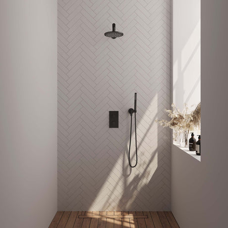 BRAUER Black Edition thermostatische inbouw regendouche 3-weg omstelling SET 25 met 20 cm douchekop en rechte muurarm en staaf handdouche en doucheslang en wandaansluitbocht mat zwart