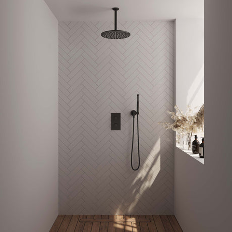 BRAUER Black Edition thermostatische inbouw regendouche 3-weg omstelling SET 30 met 30 cm douchekop en plafondarm en staaf handdouche en doucheslang en wandaansluitbocht mat zwart