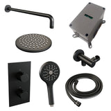 BRAUER Black Edition thermostatische inbouw regendouche 3-weg omstelling SET 33 met 20 cm douchekop en gebogen muurarm en 3-standen handdouche en doucheslang en wandaansluitbocht mat zwart