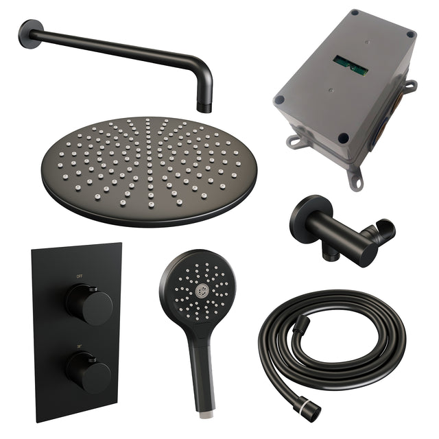 BRAUER Black Edition thermostatische inbouw regendouche 3-weg omstelling SET 34 met 30 cm douchekop en gebogen muurarm en 3-standen handdouche en doucheslang en wandaansluitbocht mat zwart