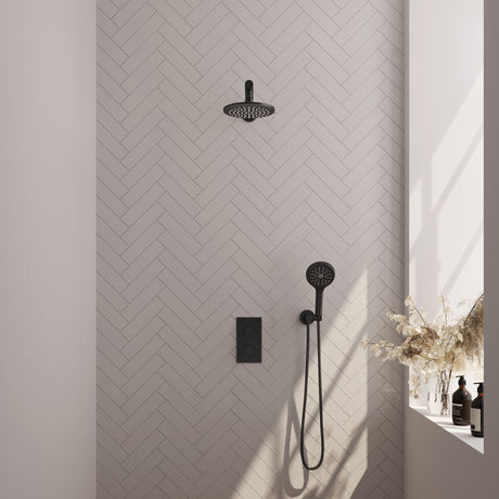 BRAUER Black Edition thermostatische inbouw regendouche 3-weg omstelling SET 31 met 20 cm douchekop en rechte muurarm en 3-standen handdouche en doucheslang en wandaansluitbocht mat zwart