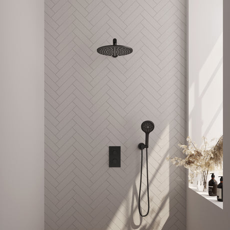 BRAUER Black Edition thermostatische inbouw regendouche 3-weg omstelling SET 32 met 30 cm douchekop en rechte muurarm en 3-standen handdouche en doucheslang en wandaansluitbocht mat zwart