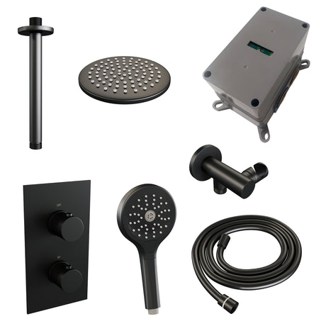 BRAUER Black Edition thermostatische inbouw regendouche 3-weg omstelling SET 35 met 20 cm douchekop en plafondarm en 3-standen handdouche en doucheslang en wandaansluitbocht mat zwart