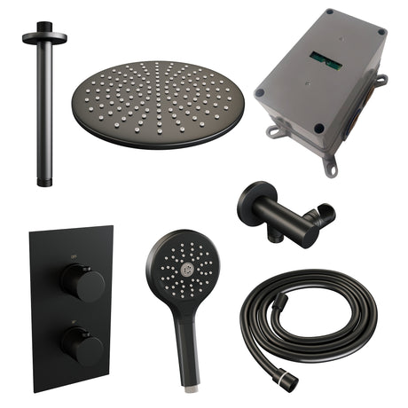 BRAUER Black Edition thermostatische inbouw regendouche 3-weg omstelling SET 36 met 30 cm douchekop en plafondarm en 3-standen handdouche en doucheslang en wandaansluitbocht mat zwart