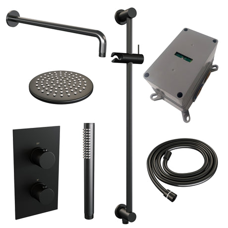 BRAUER Black Edition thermostatische inbouw regendouche 3-weg omstelling SET 39 met 20 cm douchekop en gebogen muurarm en staaf handdouche en doucheslang en geïntegreerde glijstang mat zwart