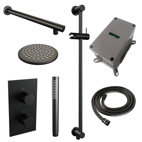 BRAUER Black Edition thermostatische inbouw regendouche 3-weg omstelling SET 37 met 20 cm douchekop en rechte muurarm en staaf handdouche en doucheslang en geïntegreerde glijstang mat zwart