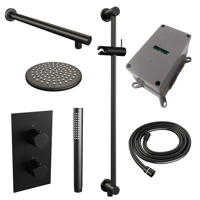 BRAUER Black Edition thermostatische inbouw regendouche 3-weg omstelling SET 37 met 20 cm douchekop en rechte muurarm en staaf handdouche en doucheslang en geïntegreerde glijstang mat zwart