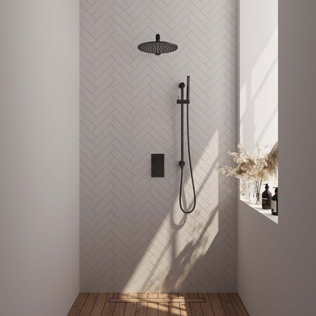 BRAUER Black Edition thermostatische inbouw regendouche 3-weg omstelling SET 38 met 30 cm douchekop en rechte muurarm en staaf handdouche en doucheslang en geïntegreerde glijstang mat zwart