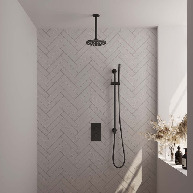 BRAUER Black Edition thermostatische inbouw regendouche 3-weg omstelling SET 41 met 20 cm douchekop en plafondarm en staaf handdouche en doucheslang en geïntegreerde glijstang mat zwart