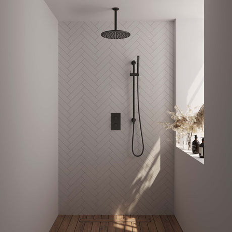 BRAUER Black Edition thermostatische inbouw regendouche 3-weg omstelling SET 42 met 30 cm douchekop en plafondarm en staaf handdouche en doucheslang en geïntegreerde glijstang mat zwart