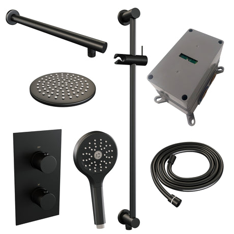 BRAUER Black Edition thermostatische inbouw regendouche 3-weg omstelling SET 43 met 20 cm douchekop en rechte muurarm en 3-standen handdouche en doucheslang en geïntegreerde glijstang mat zwart