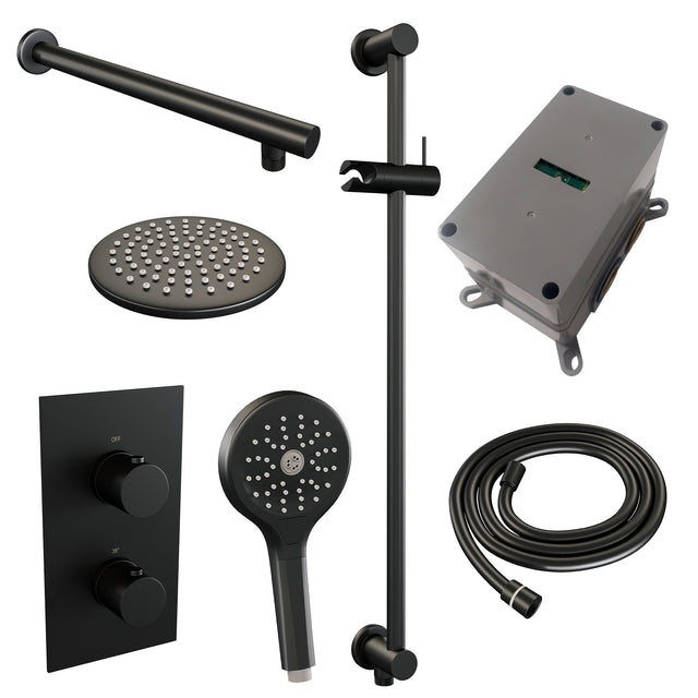 BRAUER Black Edition thermostatische inbouw regendouche 3-weg omstelling SET 43 met 20 cm douchekop en rechte muurarm en 3-standen handdouche en doucheslang en geïntegreerde glijstang mat zwart