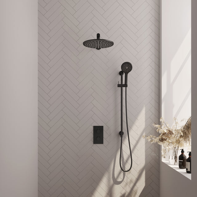 BRAUER Black Edition thermostatische inbouw regendouche 3-weg omstelling SET 44 met 30 cm douchekop en rechte muurarm en 3-standen handdouche en doucheslang en geïntegreerde glijstang mat zwart