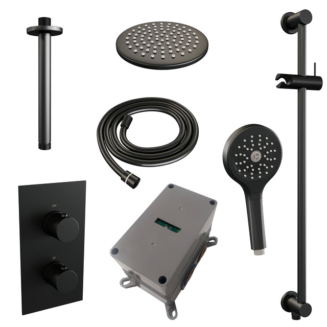 BRAUER Black Edition thermostatische inbouw regendouche 3-weg omstelling SET 47 met 20 cm douchekop en plafondarm en 3-standen handdouche en doucheslang en geïntegreerde glijstang mat zwart