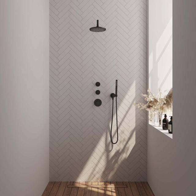 BRAUER Black Edition thermostatische inbouw regendouche SET 03 met 20 cm douchekop en gebogen muurarm en staaf handdouche en doucheslang en wandaansluitbocht mat zwart