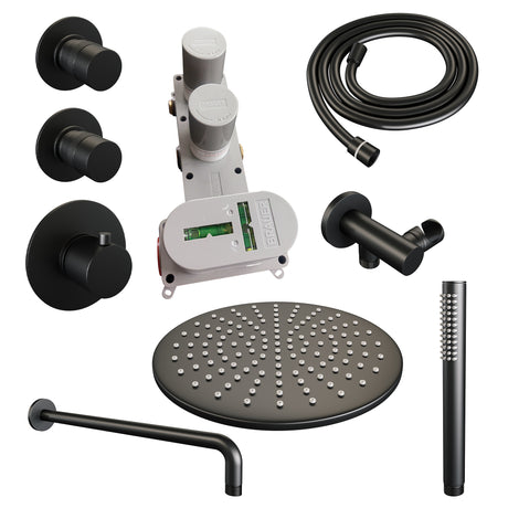 BRAUER Black Edition thermostatische inbouw regendouche SET 04 met 30 cm douchekop en gebogen muurarm en staaf handdouche en doucheslang en wandaansluitbocht mat zwart