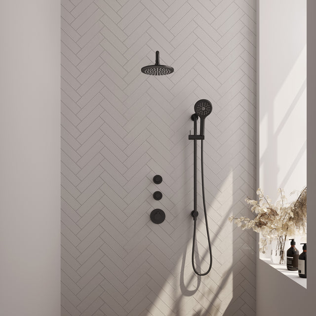 BRAUER Black Edition thermostatische inbouw regendouche SET 21 met 20 cm douchekop en gebogen muurarm en 3-standen handdouche en doucheslang en geïntegreerde glijstang mat zwart