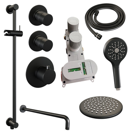 BRAUER Black Edition thermostatische inbouw regendouche SET 21 met 20 cm douchekop en gebogen muurarm en 3-standen handdouche en doucheslang en geïntegreerde glijstang mat zwart