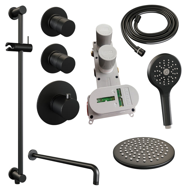 BRAUER Black Edition thermostatische inbouw regendouche SET 21 met 20 cm douchekop en gebogen muurarm en 3-standen handdouche en doucheslang en geïntegreerde glijstang mat zwart