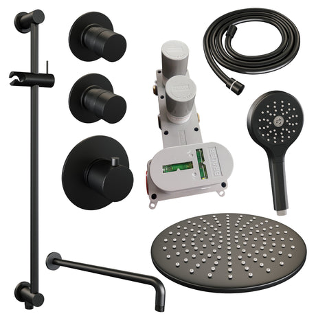 BRAUER Black Edition thermostatische inbouw regendouche SET 22 met 30 cm douchekop en gebogen muurarm en 3-standen handdouche en doucheslang en geïntegreerde glijstang mat zwart