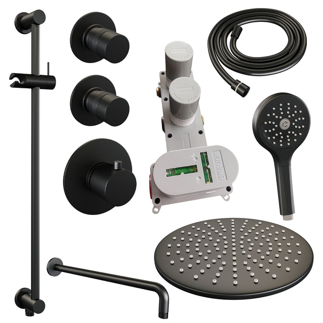 BRAUER Black Edition thermostatische inbouw regendouche SET 22 met 30 cm douchekop en gebogen muurarm en 3-standen handdouche en doucheslang en geïntegreerde glijstang mat zwart