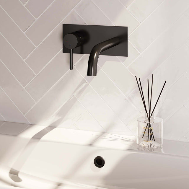 BRAUER Black Carving inbouw wastafelmengkraan met gebogen uitloop en afdekplaat model A2 mat zwart 5-S-083-B6