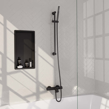 BRAUER Black Carving opbouw baddouche thermostaatkraan SET 01 met glijstang en staaf handdouche en doucheslang mat zwart 5-S-085-1