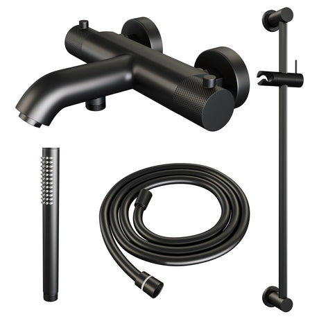 BRAUER Black Carving opbouw baddouche thermostaatkraan SET 01 met glijstang en staaf handdouche en doucheslang mat zwart 5-S-085-1