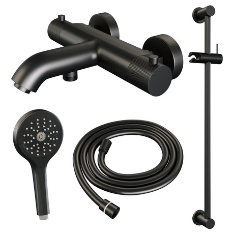 BRAUER Black Carving opbouw baddouche thermostaatkraan SET 02 met glijstang en 3-standen handdouche en doucheslang mat zwart 5-S-085-2
