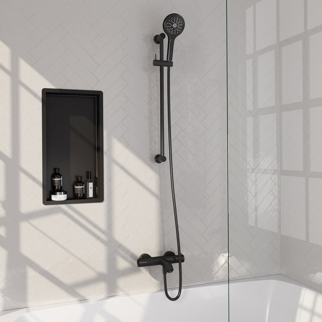 BRAUER Black Carving opbouw baddouche thermostaatkraan SET 02 met glijstang en 3-standen handdouche en doucheslang mat zwart 5-S-085-2