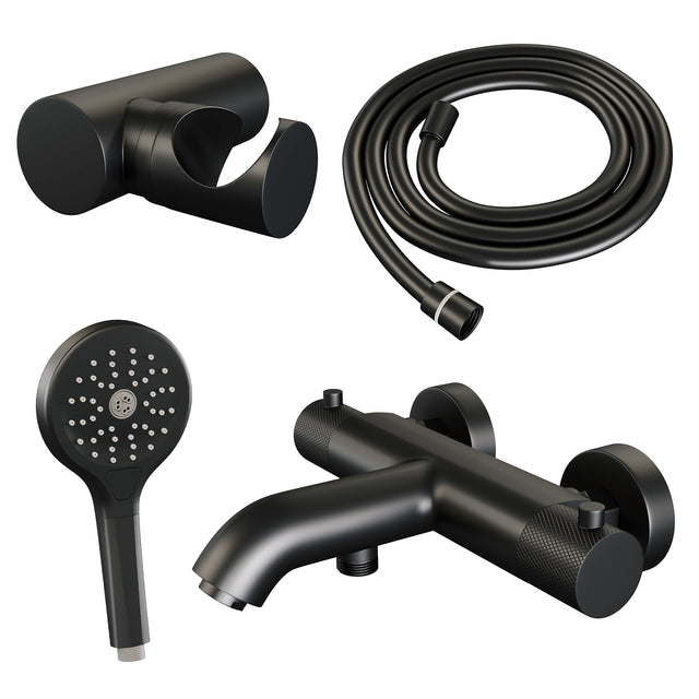 BRAUER Black Carving opbouw baddouche thermostaatkraan SET 04 met wandhouder en 3-standen handdouche en doucheslang mat zwart 5-S-085-4
